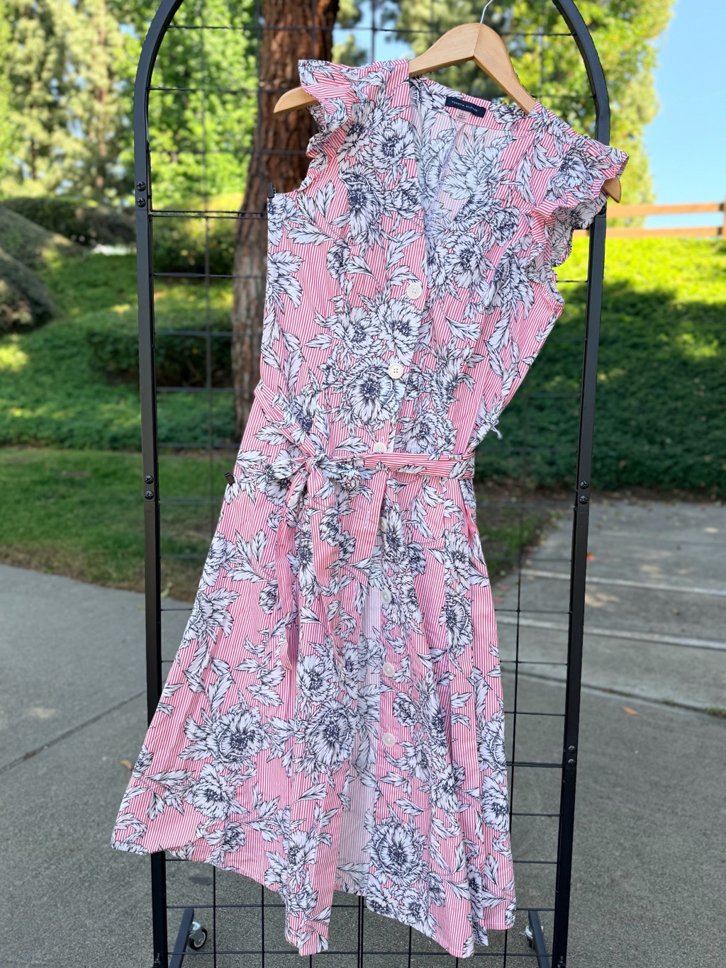 Tommy Hilfiger Pink And White Striped Floral Button-Front Belted Dress